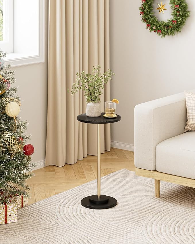 Round Side Table, Small Drink Table for Small Spaces, Modern Accent End Table Coffee Table with Metal Leg for Living Room, Bedroom, Corners, and Office (Black Gold)