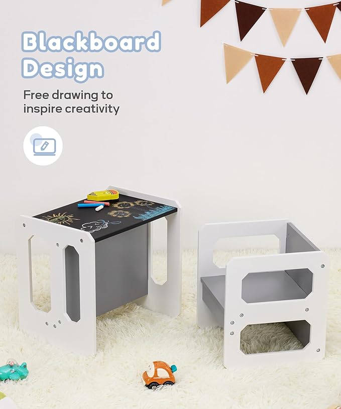 Kids Table and Chair Set, 3-in-1 Wooden Children's Furniture with Blackboard, Water Resistant, Easy to Clean,Toddler Weaning Table for Bedroom, Playroom, Living Room (Grey and Black)