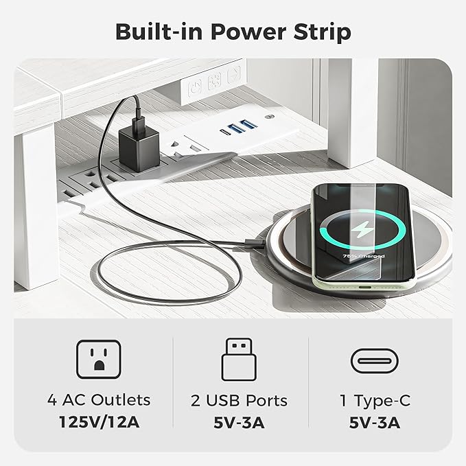 SUPERJARE 53 inch Reversible L Shaped Desk with LED Lights & Power Outlets, Computer Desk with Shelves & Monitor Stand, Gaming Desk with Drawer, Home Office Desk Corner Desk, PU White Drawer