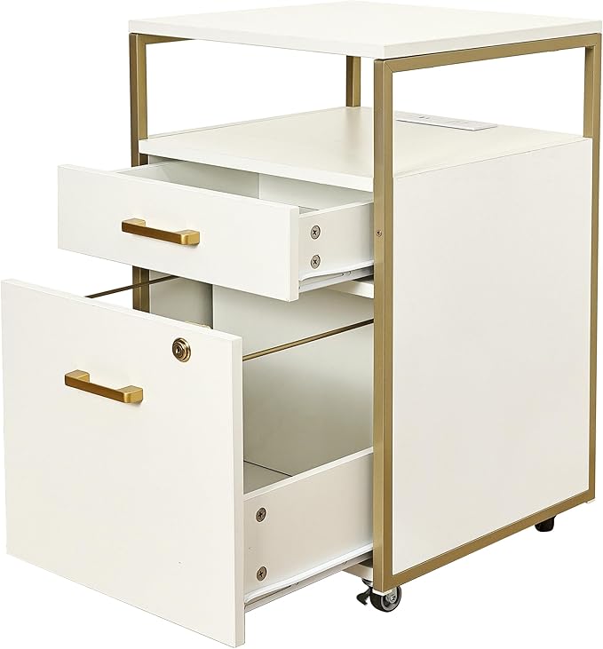 Modern 2-Drawer Rolling File Cabinet with Lock, 2 USB Ports and Power Outlet for Device Charging, Portable File Organizer or Printer Stand for Office or Home with Locking Wheels, White & Gold