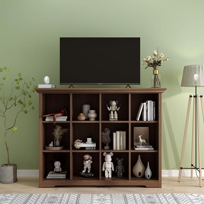 Cube Shelf Bookcase with Base - Wooden 3 Tiers Floor Standing Low Storage Cabinet for Home and Office, 12-Cube Lattice Bookshelf, Walnut