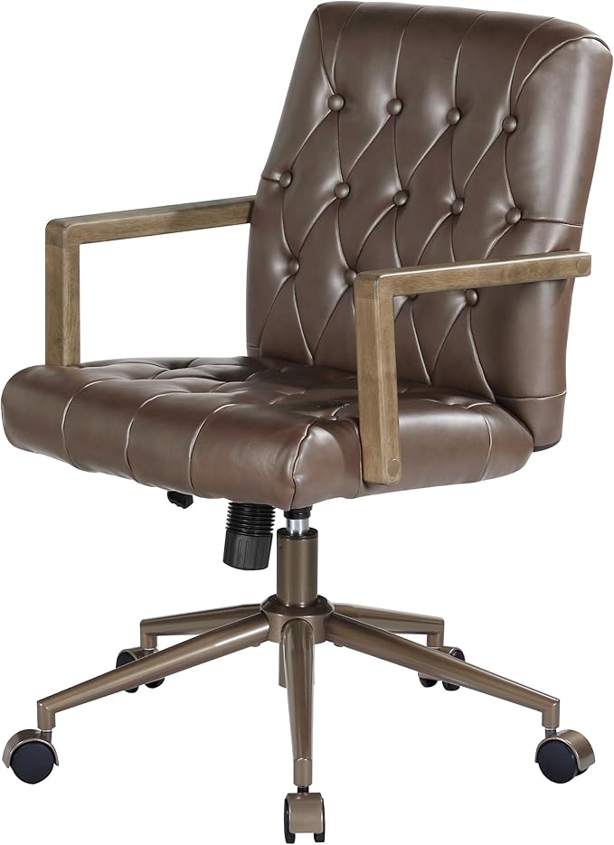 OSP Home Furnishings Waltham Adjustable Height and Tilt, Swivel Home Office Chair with Wood Arms, Chocolate Faux Leather