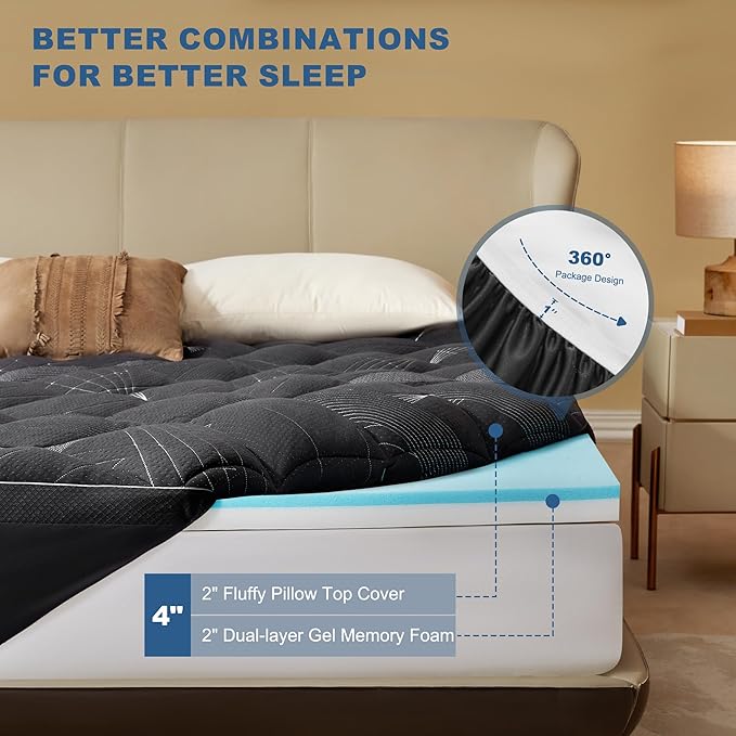 Bedlore 4-Inch King Mattress Topper for Back Pain - Dual Layer Medium Support (2" Gel Memory Foam + 2" Cooling Fluffy Pillow Top Pad), Breathable & Pressure Relief (Gray)