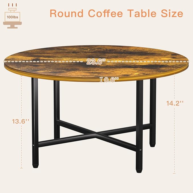 Round Coffee Table, 23.6" Small Coffee Tables for Living Room, Circle Coffee Table with Metal Frame, Floor Table Desk for Sitting on The Floor, Home, Office, Rustic Brown