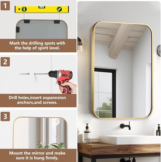 Brushed Gold Mirror, 22"x30" Rectangle Bathroom Mirror, Metal Frame Rectangle Corner Vanity Mirror, Wall Mounted Mirror for Modern, Living Room, Bedroom, Horizontal Or Vertical