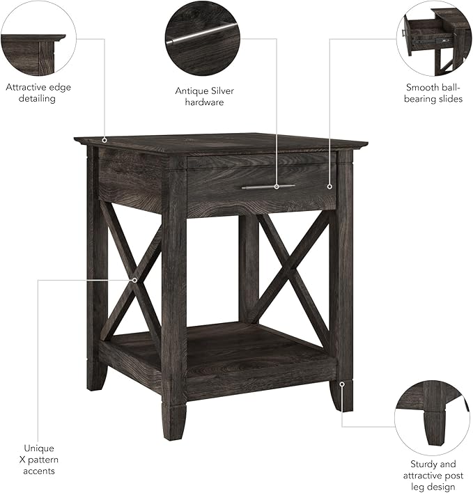 Bush Furniture Key West Small End Table with Storage | Modern Farmhouse Accent Shelf for Living Room in Dark Gray Hickory