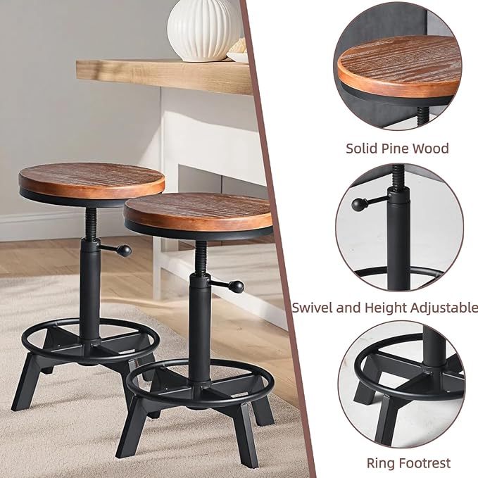 Set of 2-Industrial Bar Stool-Counter Height Chairs- Swivel Wooden Seat- Adjustable 17.7-24inch