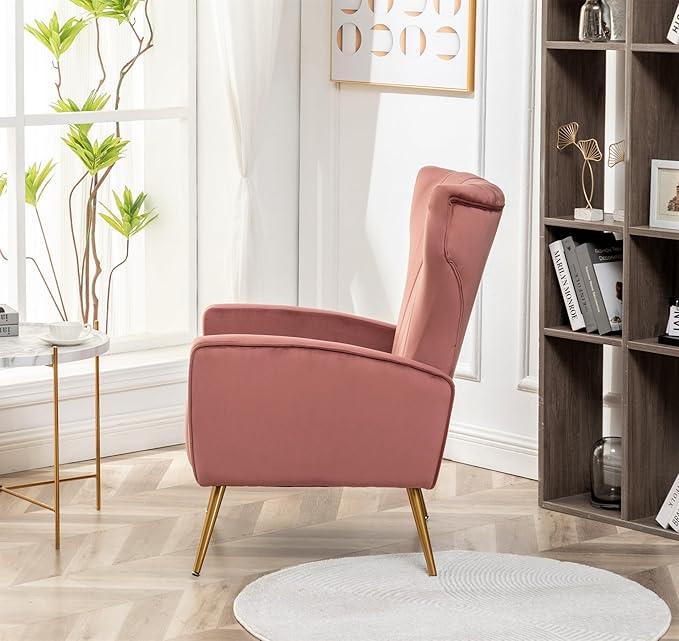 Container Furniture Direct Modern Velvet Accent Chair, Channel Tufted Bedroom, Office or Living Room Furniture with Elegant Metal Legs, 26" Wide Armchair, Rose