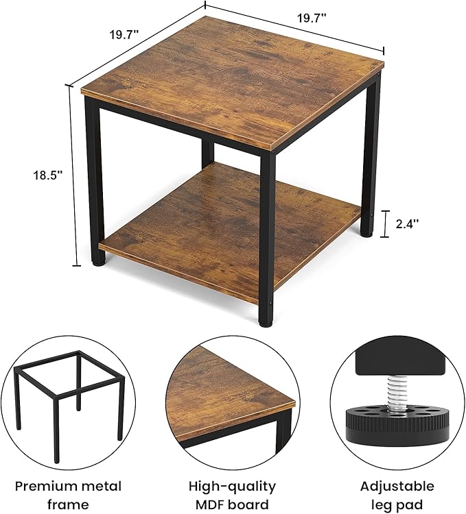 Homieasy Side Table 20 Inch Square, 2-Tier Coffee Tea End Table Nightstands for Sofa Couch Bed, Metal Wood Accent Modern Simple Industrial Style Side Table for Living Room Bedroom, Rustic Brown