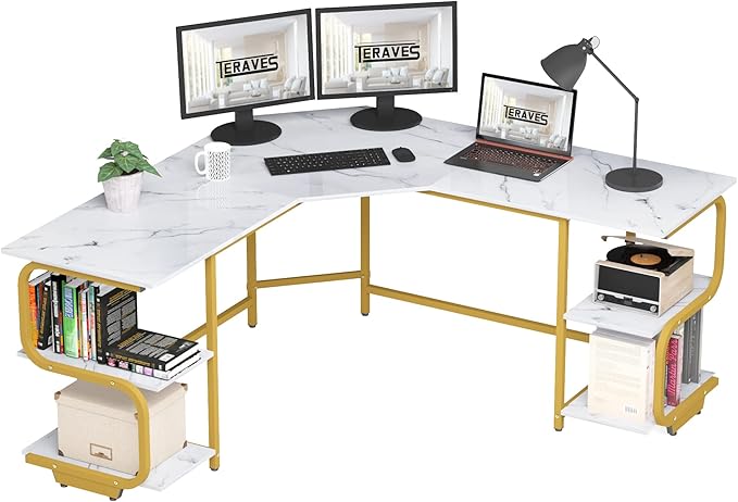 Teraves Modern L Shaped Desk with Shelves,64.84" Computer Desk/Gaming Desk for Home Office,Corner Desk with Large Desktop (White Marbling+ Gold Frame, Large+4 Tier Shelves)