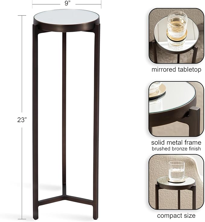 Kate and Laurel Aguilar Modern Mirrored Round Drink Table, 9 x 9 x 23, Bronze, Metal Accent Table with Mirrored Tabletop for Use as Small Plant Stand