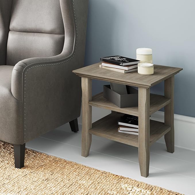 SIMPLIHOME Acadian SOLID WOOD 19 Inch Wide Square Transitional End Table in Distressed Grey, For the Living Room and Bedroom