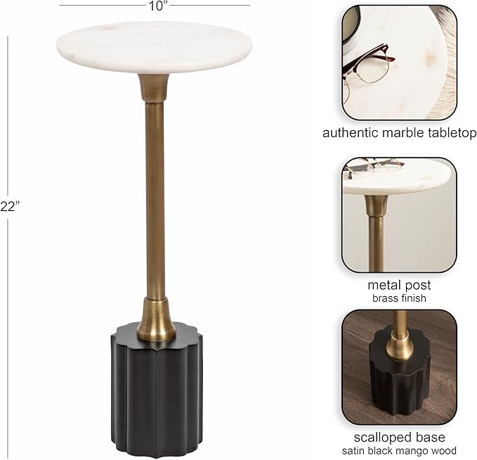 Kate and Laurel Nisha Traditional Marble Round Drink Table, 10 x 10 x 22, White Marble, Antique Brass, and Black, Vintage Mango Wood Circle Mini Table for Use as Plant Stand or Living Room Decor