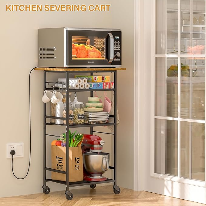 Rolling Kitchen Microwave Cart, 4 Tier Microwave Table Stand with Storage, Kitchen Storage Rack on Wheels, Coffee Station Cart Rack Shelf Organizer for Living Room Office, Balcony