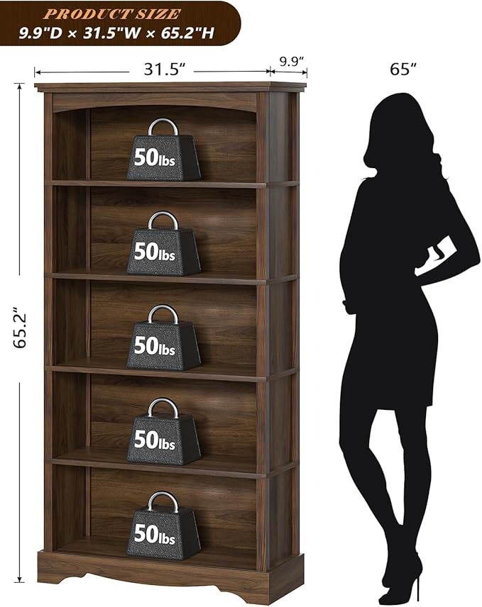 TVU 5-Tier Wooden Bookshelf, 65 Inch Tall Bookshelf with Storage, Floor Standing Modern Style Display Bookcase for Living Room, Office, Study Room, Entryway, Brown