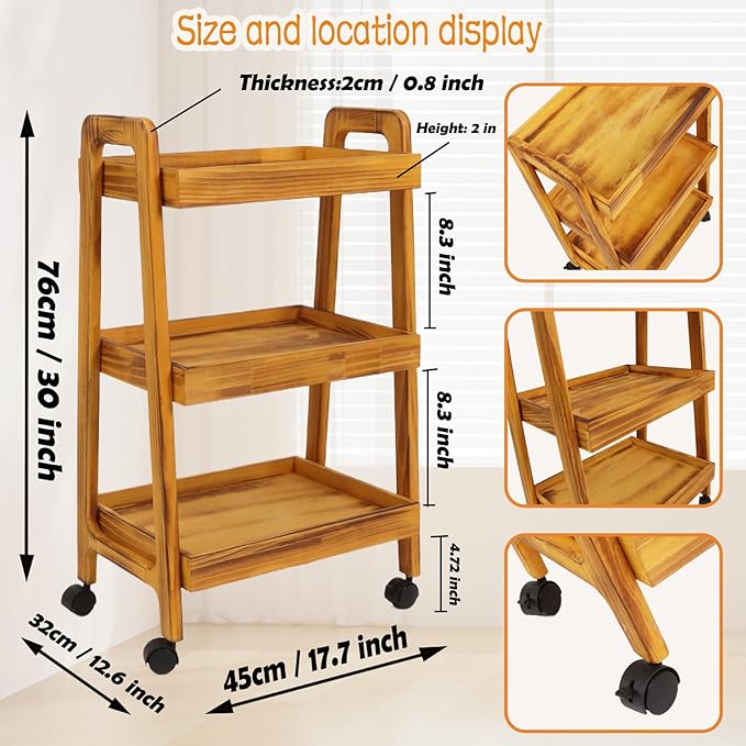 3-Tiers Ladder Shelf with Wheels, Wooden Rolling Cart,Solid Pine Wood Ladder Shelf, Side End Table for Artist,Storage Cart Organizer for Kitchen,Classroom, Living Room, Bathroom (Retro Yellow)