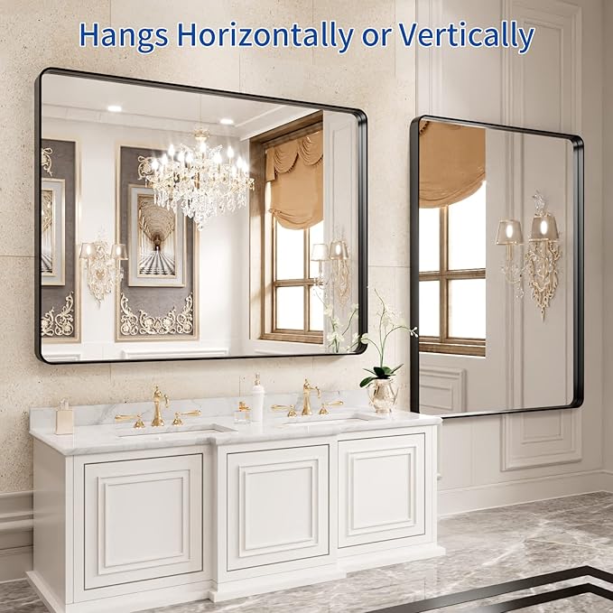 WEER Black Bathroom Mirror, 40X30 Inch Rectangular Black Metal Framed for Wall, Farmhouse Bathroom Vanity Mirror with Tempered Glass, Rounded Corner, Anti-Rust (Horizontal/Vertical)