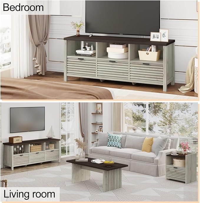 BON AUGURE TV Stand, Fluted Modern Media Console for 65 55 50 in TVs, Farmhouse Wood Entertainment Center with Storage Drawers for Living Room,Bedroom (Walnut Washed Grey)