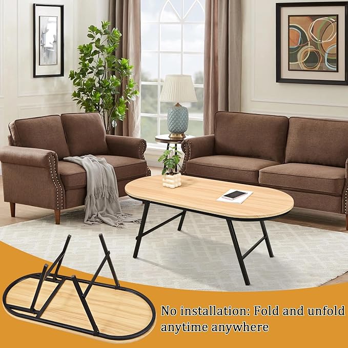 Foldable Coffee Table Natural Wood Oval Coffee Tables No Assembly Portable Floor Table Desk for Sitting on The Floor Low Coffee Table for Small Spaces Living Room Outdoor Use