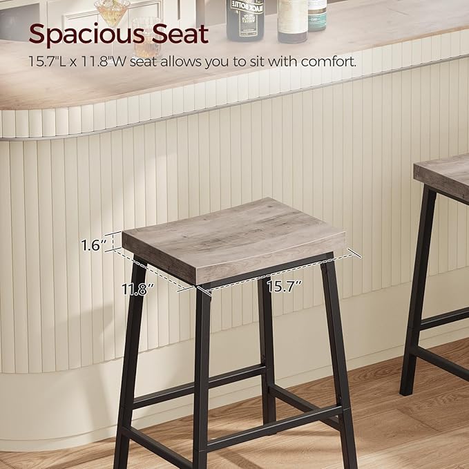 Bar Stools, Counter Height Bar Stools Set of 2, 23.7 Inch Saddle Stools with Footrest, Kitchen Stools, Industrial Style, for Dining Room, Counter, Bar, Greige BAHG0801
