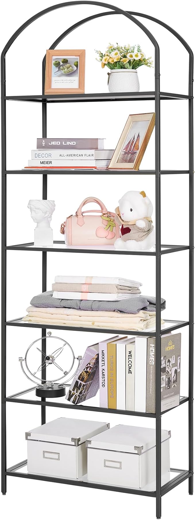 Homhedy Bookshelf Arched Display Racks,Metal Bookcase,Tempered Glass Shelves,Storage Rack Shelf for Home Office,Living Room,Bedroom, Bathroom,Modern Style (Black, 11.8" D x 23.6" W x 73.6" H)