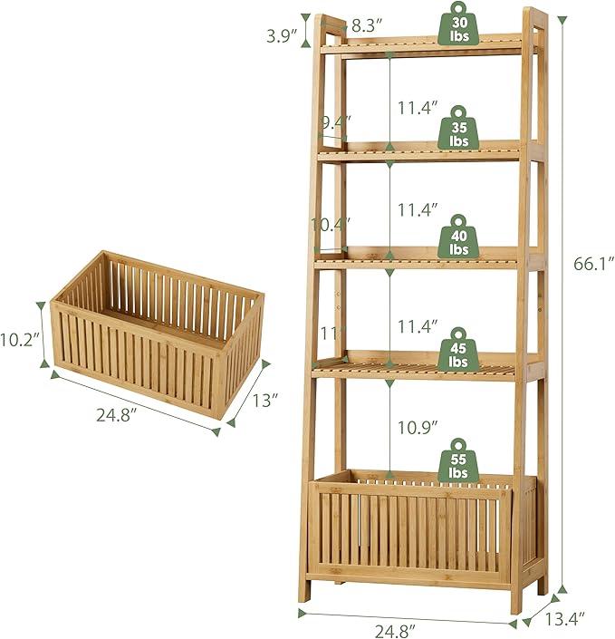 Bamjoy Bamboo Ladder Shelf, Bookshelf with 4 Display Shelves and 1 Open Storage Basket, Multifunctional Storage Rack Organizer for Home Office, Bedroom, Living Room, 66” H Natural