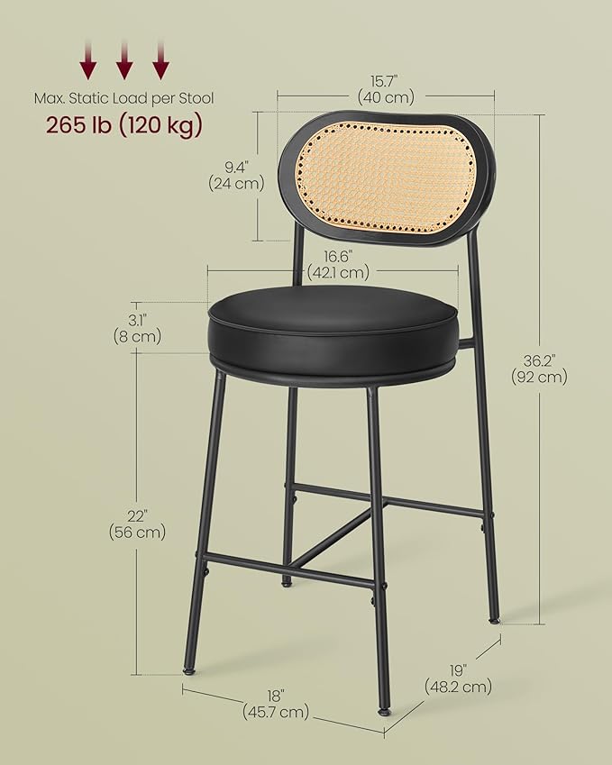VASAGLE Bar Stools Set of 2, Bar Height Stools with Rattan Back and Metal Legs, 25.1-Inch Tall Counter Chairs, Modern Leather Upholstered Barstools for Kitchen Island Dining Room, Ink Black