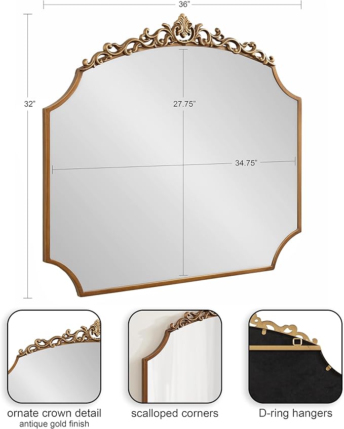 Kate and Laurel Arendahl Ornate Traditional Arched Scallop Mirror; 24 x 36; Antique Gold; Decorative Baroque Style Scalloped Arch Vintage Gold Mirror with Ornamental Crown