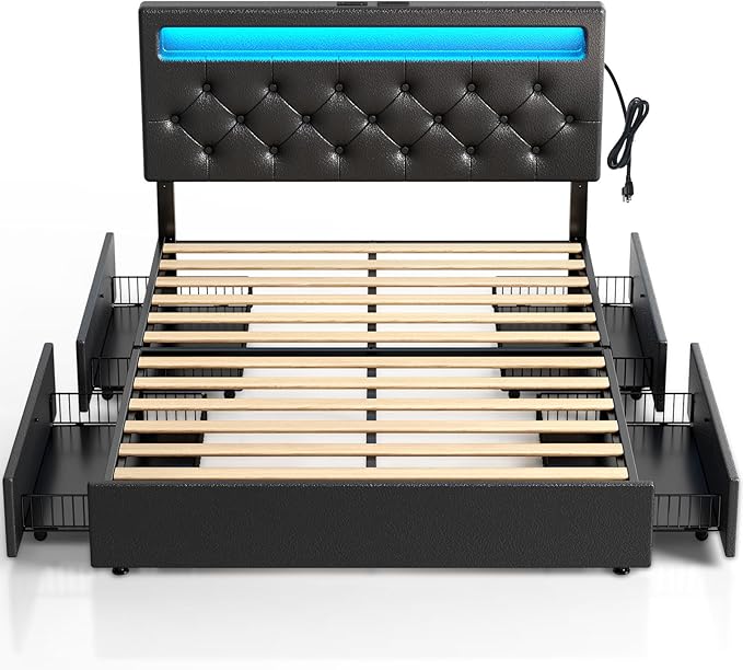 Rolanstar Full Size Bed Frame with 4 Storage Drawers and Charging Station, Full Bed with Led Lights, 2 USB & 1 Type C, Adjustable Headboard 38.9/40.8 Inches, No Box Spring Needed, Black