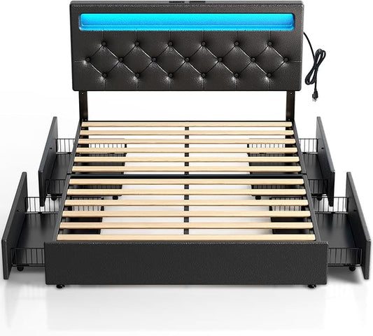 Rolanstar Full Size Bed Frame with 4 Storage Drawers and Charging Station, Full Bed with Led Lights, 2 USB & 1 Type C, Adjustable Headboard 38.9/40.8 Inches, No Box Spring Needed, Black