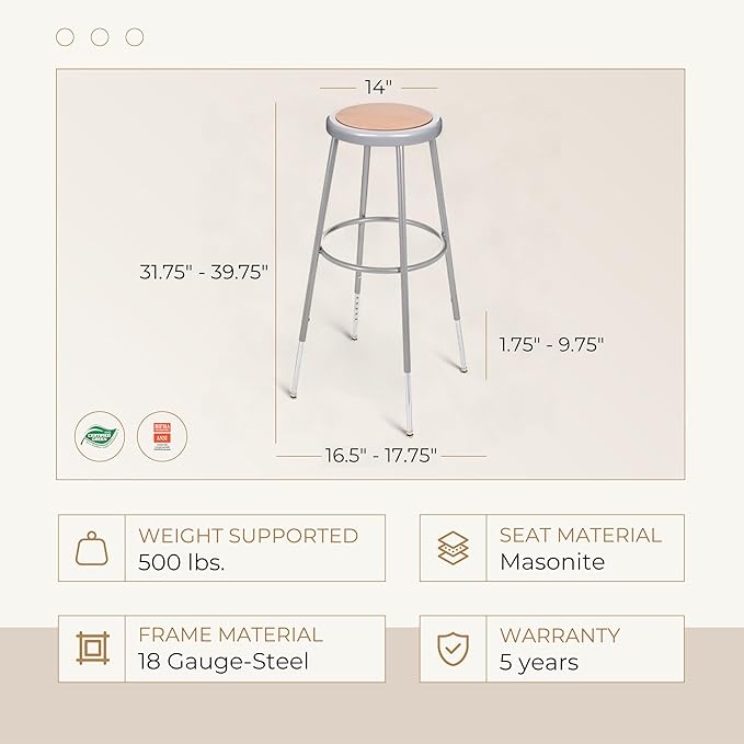 OEF Furnishings (2 Pack Height Adjustable Steel Stools, Grey, 31-39"