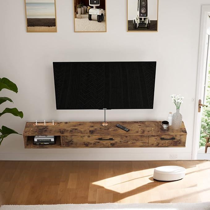 Pmnianhua Farmhouse Floating TV Stand with 2 Doors,47'' Under TV Shelf Floating,Wall Mounted TV Shelf,Rustic Floating TV Console for Under TV(Rustic Brown)