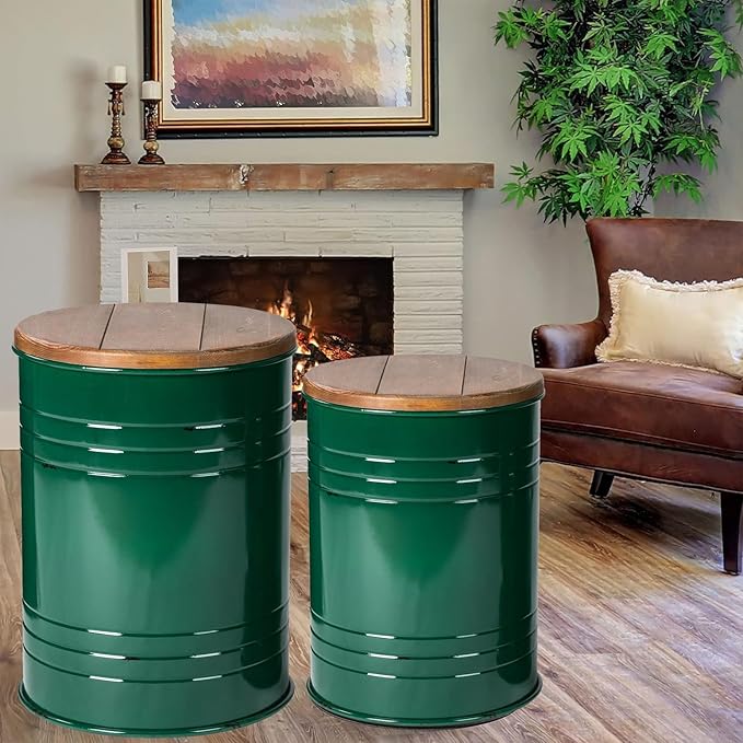 Glitzhome Farmhouse Accent Side Table, Metal Storage Stool Ottoman with Round Lid - Galvanized Coffee Cocktail End Tables Set of 2 for Living Room Bedroom, Hunter Green