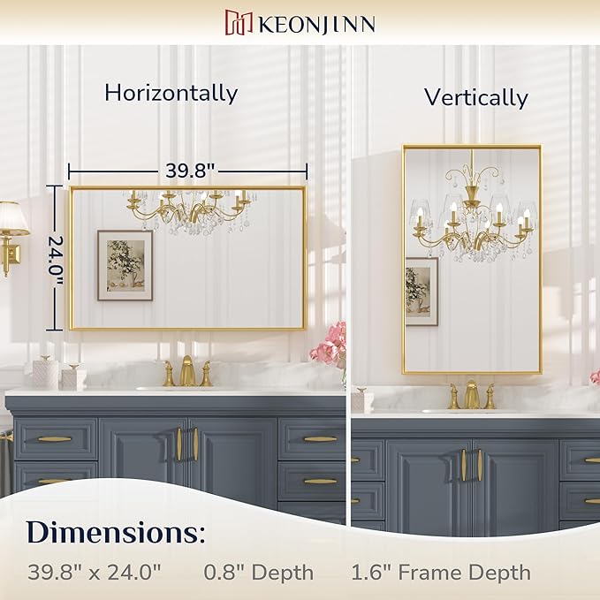 Keonjinn Gold Mirror for Bathroom 40 x 24 Inch Brushed Gold Mirror for Wall Metal Framed Rectangular Mirror for Bathroom Sink Gold Vanity Mirror Full Length Rectangle Mirror(Horizontal/Vertical)