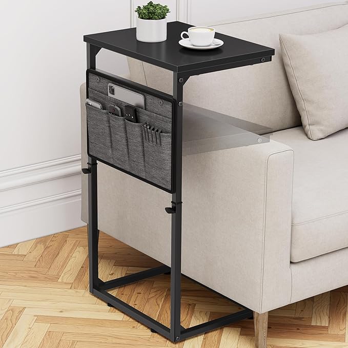 Vagusicc C Shaped End Table, 33'' Tall Side Table for Couch, Adjustable Height Small Couch Side Table for Small Spaces, Couch Table Slide Under Sofa Table TV Tray Table for Living Room Bedroom, Black