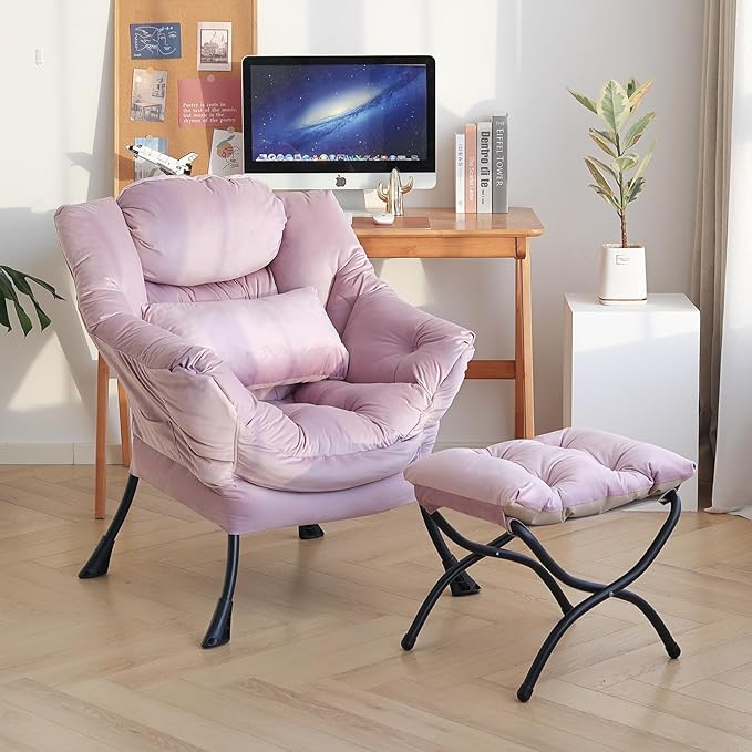 Lazy Chair with Ottoman, Modern Accent Chair with Lumbar Pillow, Comfy Chairs with Folding Footrest for Bedroom, Reading, Oversized Supportive Lounge Chairs(Velvet Light Purple)