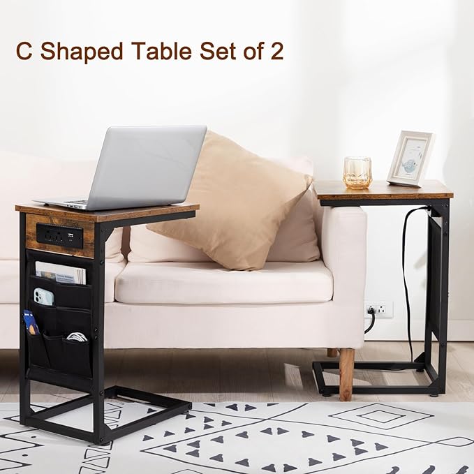 AMHANCIBLE C Shaped End Table with Charging Station, TV Tray Set of 2, Couch Tables with Storage Bag, Slide Under Sofa Side Table with USB Ports and Outlets for Living Room, Rustic Brown HET04CBR