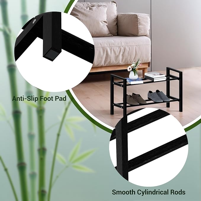 Haddockway Bamboo Shoe Rack for Closet, Free Standing Shoe Organizer with Smooth Round Rods & Convenient Handles, Stackable Shoe Storage Shelf for Entryway, Hallway(Black, 2-Tier(Small))