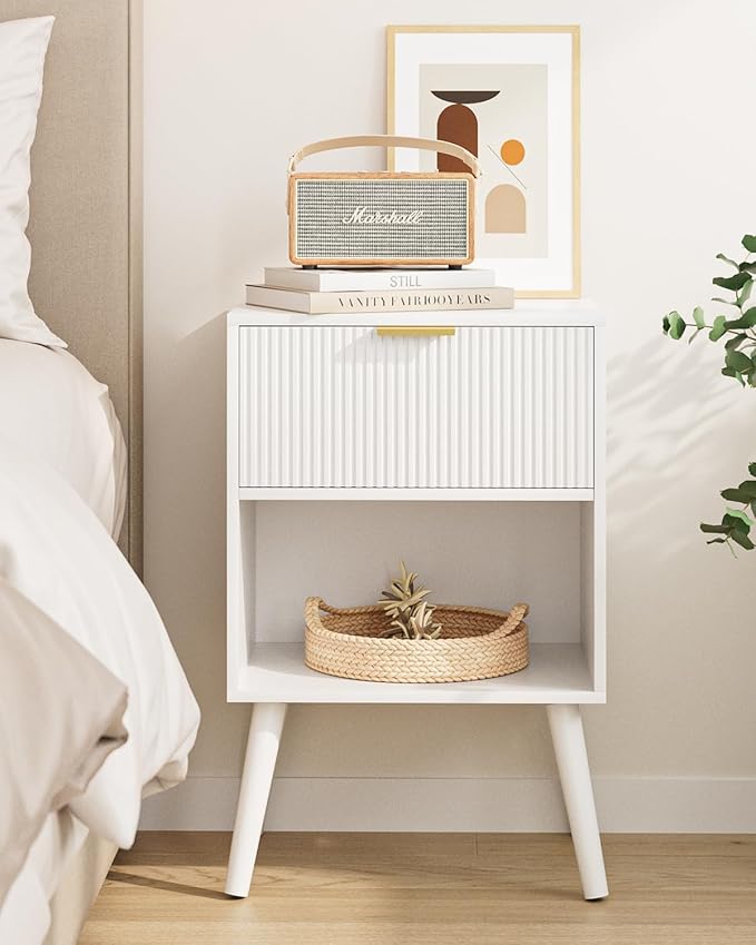 Nightstand, Small Side Table, Bedside Table with Drawer, Modern Night Stand, End Table for Bedroom, Living Room (White Stripe)