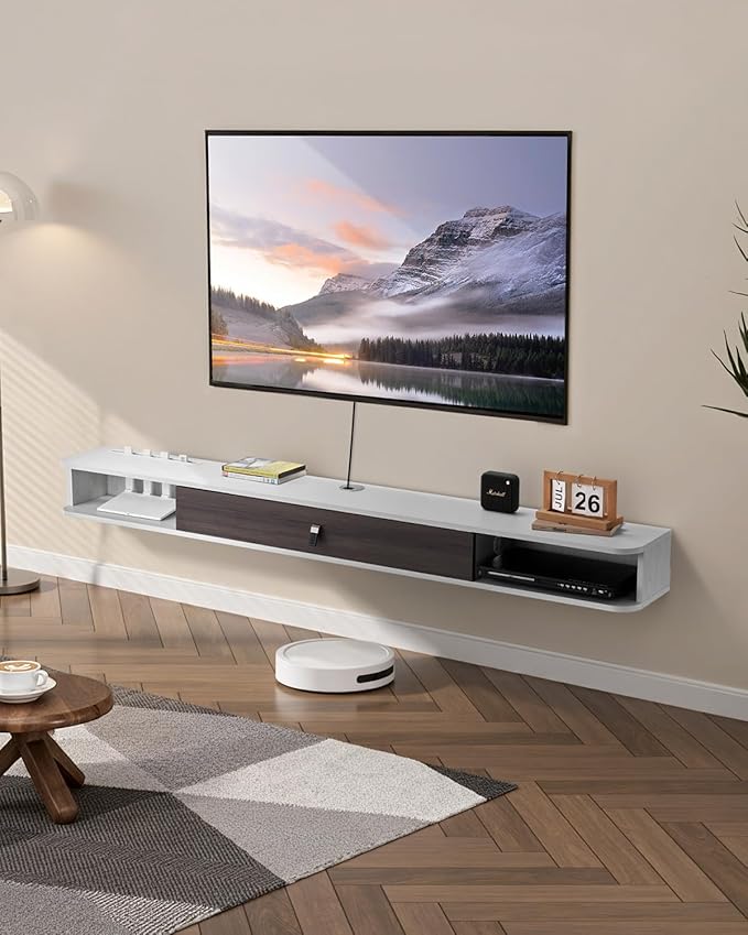 VEVOR Floating TV Stand, 70'' Wall Mounted TV Console Modern Floating Entertainment Center Under TV Shelf with Storage Cabinet, for Bedroom & Living Room, White