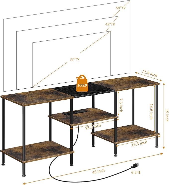 BTY Rustic TV Stand with Storage, 50 inch TV Console Table with Charging Station 3 Tier Small Entertainment Center for Bedroom, Living Room, Brown