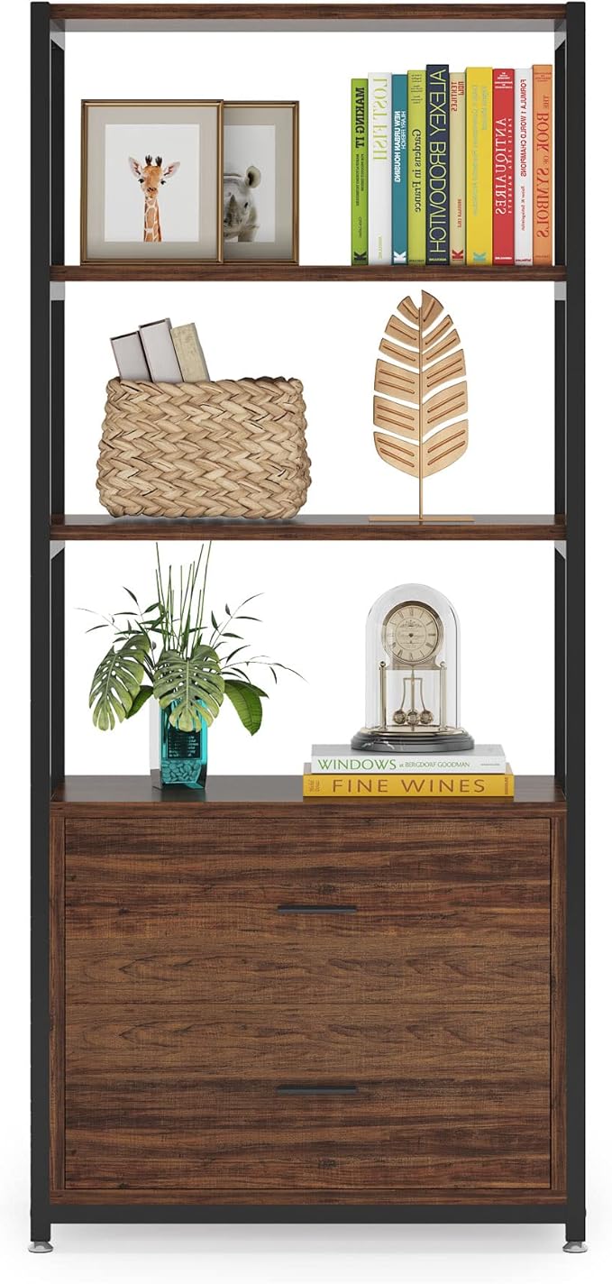 Tribesigns Bookcase, 4-Tier Rustic Bookshelf with 2 Drawers, Etagere Standard Book Shelves Display Shelf for Home Office