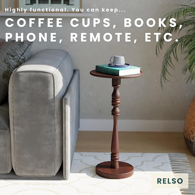 Relso Stambha Solid Wood Drink Table – 24" Tall Round Accent Side Table for Living Room or Bedroom, Narrow End Table or Indoor Plant Stand, Walnut Finish, Handcrafted Mango Wood Furniture