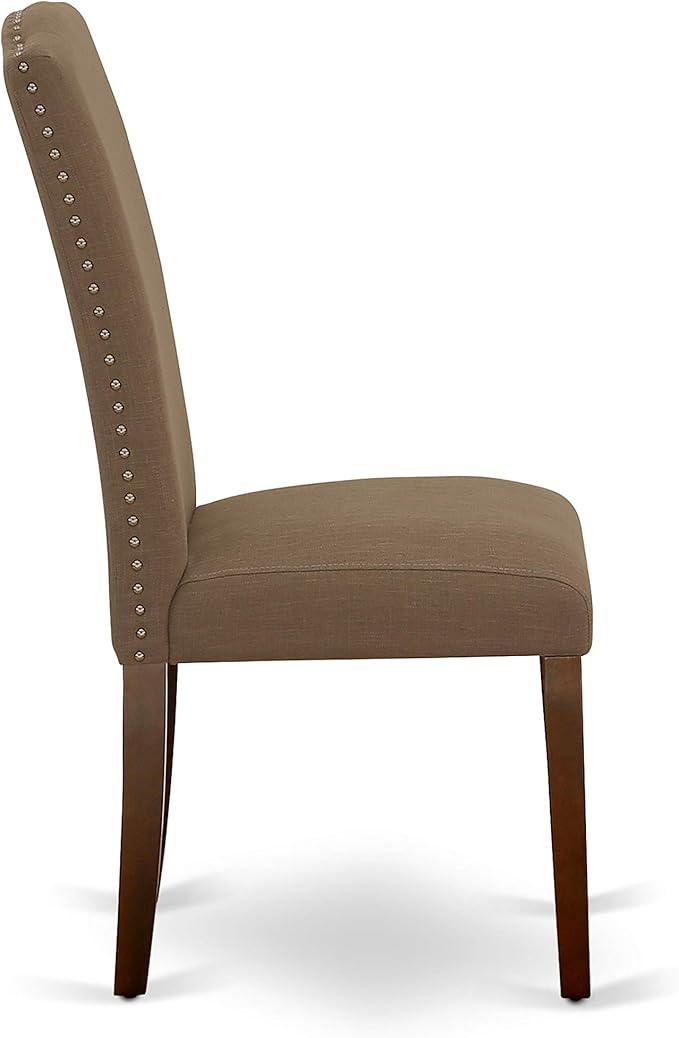 East West Furniture ESEN3-MAH-18 3 Piece Dinette Set for Small Spaces Contains a Round Dining Table with Pedestal and 2 Dark Coffee Linen Fabric Upholstered Chairs, 30x30 Inch, Mahogany