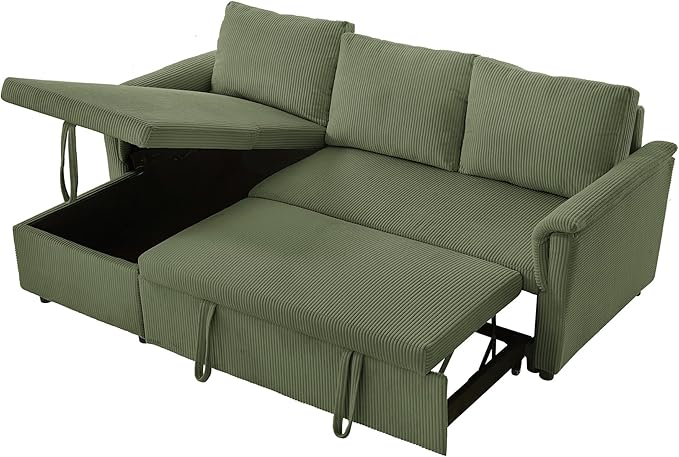 Ball & Cast Reversible Sectional Sofa Couch,L-Shape Sleeper Sofa Bed with Storage Chaise Pull Out Couch for Living Room | Hidden Storage | Pull Out Bed | Removable Backrest | Corduroy Fabric,Green