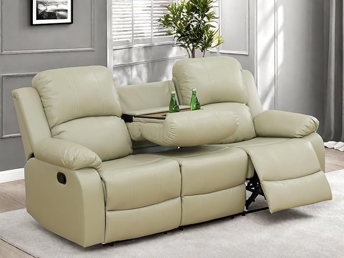 Leather Recliner Sofa Couch, 3-Seater Home Theater Seating Reclining Sofa, Power Reclining Couch with Cup Holders & Drop Down Table for Living Room Furniture Sets, Khaki