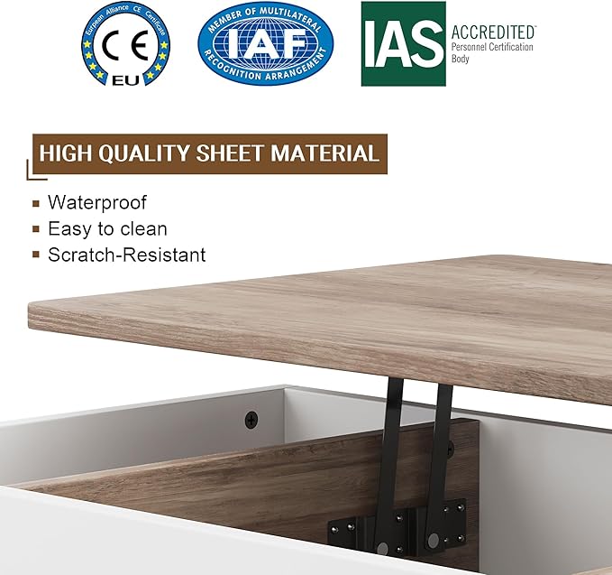 Shintenchi Coffee Table, Lift Top Coffee Table with Hidden Compartment, Rising Tabletop Dining Table, Lift Top Coffee Center Table for for Living Room, Office, Home (Ivory)
