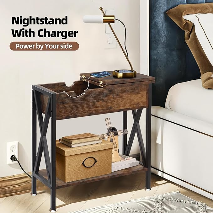 TooCust End Tables Living Room Set of 2, Narrow Side Table with Charging Station, 11.2"D x 24"W x 24"H, Flip Top End Table with USB Ports and Outlets, Couch End Tables Set of 2, Steel X-Shaped Frame