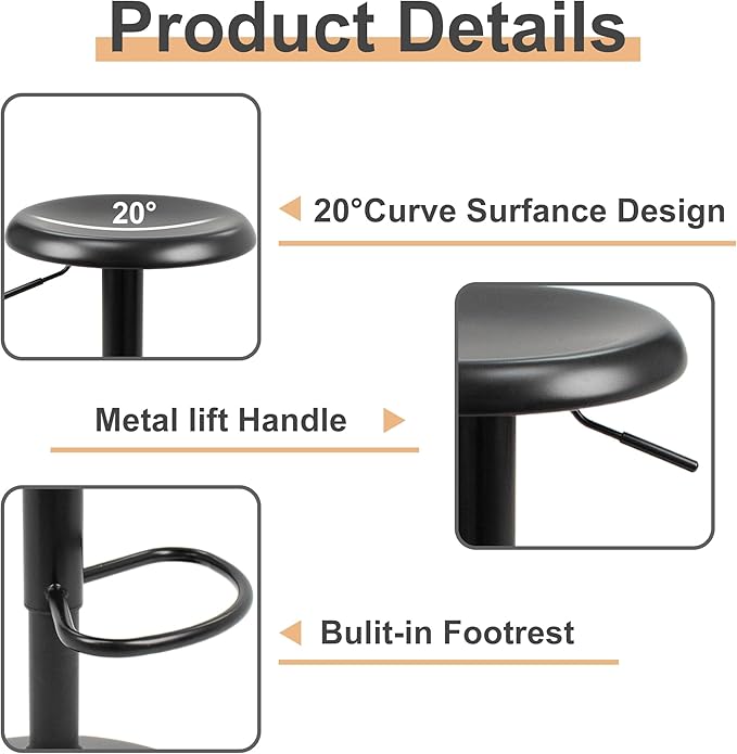 CAROLMADE Bar Stools Set of 2, Adjustable Metal Bar stools Swivel Counter Height Stool Backless Barstools for Kitchen Island Pub, Black