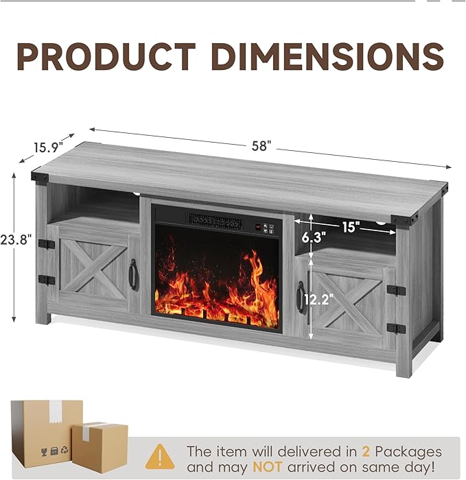 YESHOMY Fireplace TV Stand with Barn Doors and Open Display Shelf, Farmhouse Media Console with Hidden Cable Routing, Entertainment Center for Televisions up to 65+ Inch, Gray